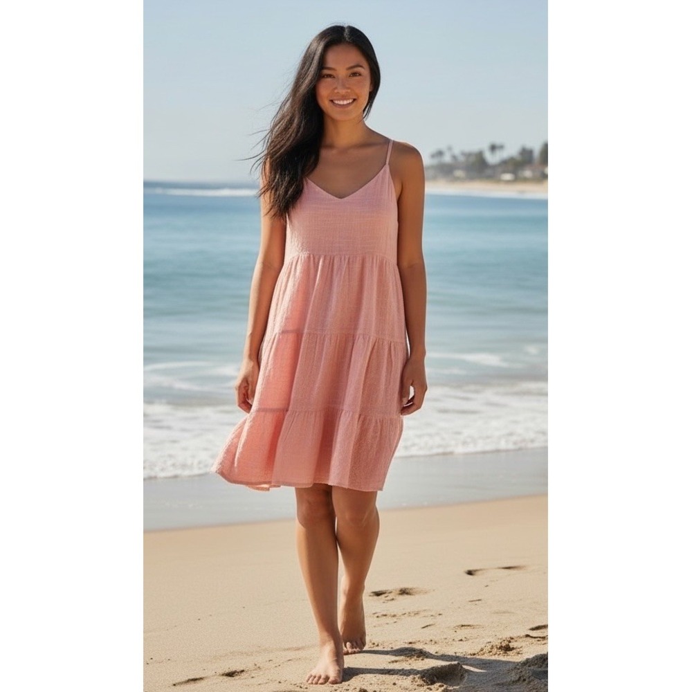 New Audree By Unit  3 In 1 Babydoll Tank Dress Top Coverup Size smal Pink Tiered